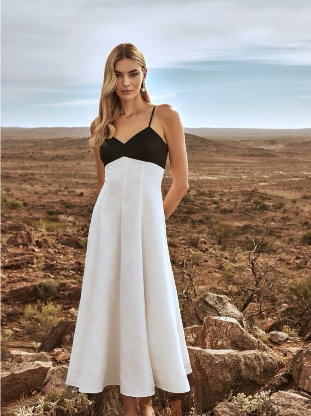 Ever New Black and Cream Linen Midaxi Dress